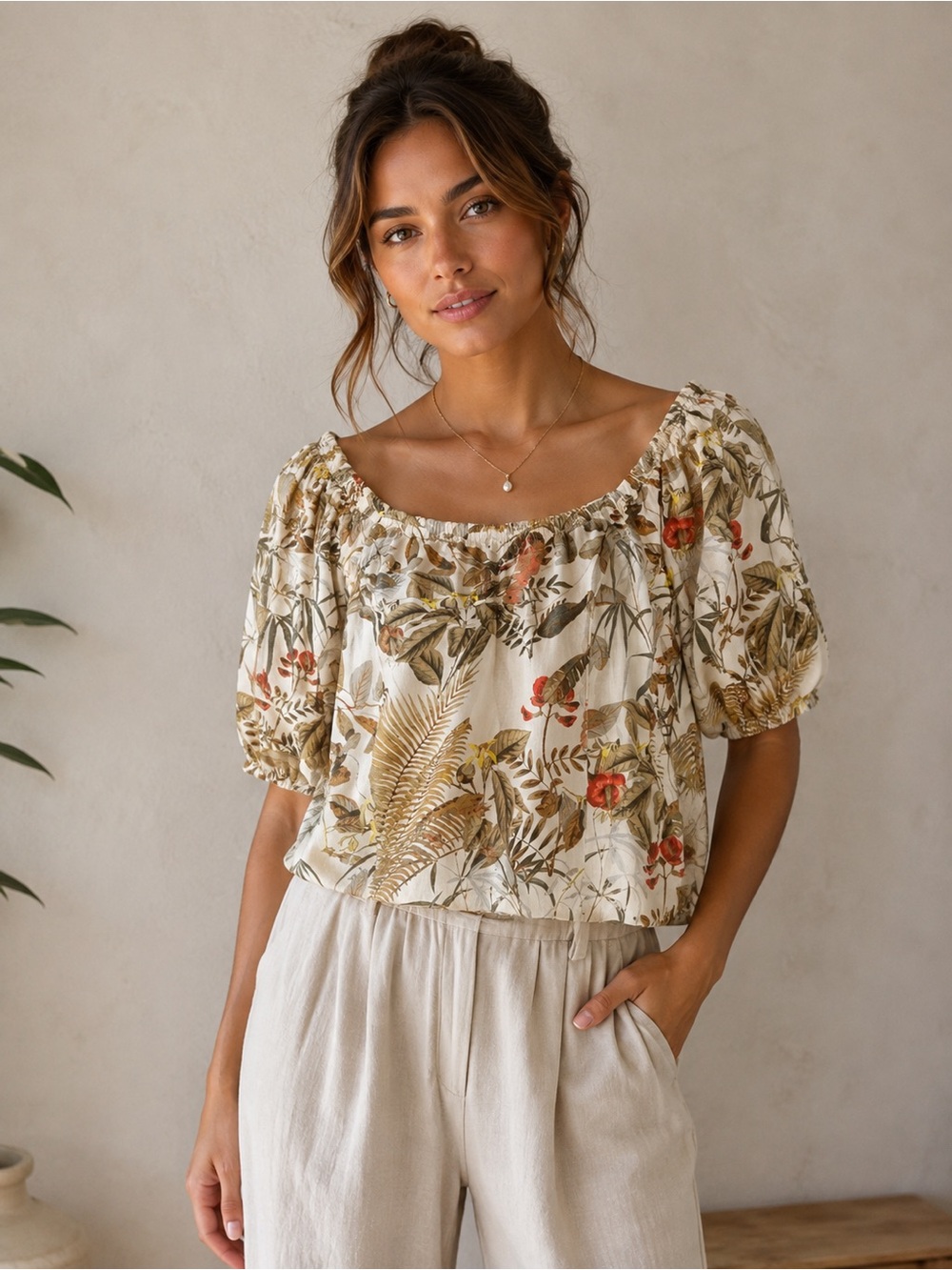 H&M Tropical Linen Blend Short Puff Sleeve Square Neck Top